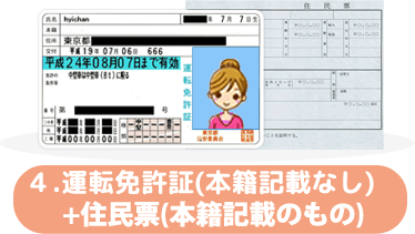 ４.運転免許証(本籍記載なし)+住民票(本籍記載のもの)